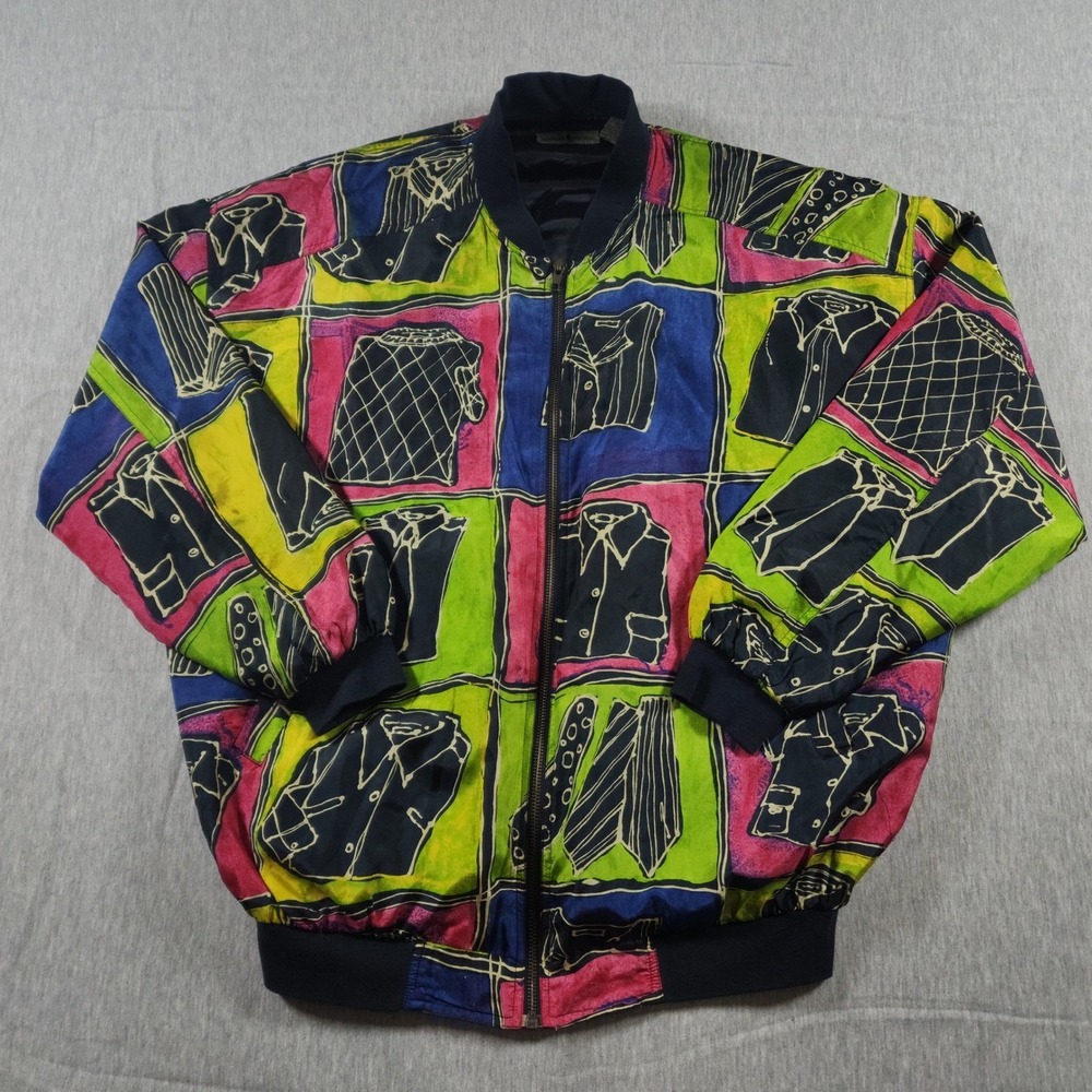 Vintage Robert Stock Mens M Silk Bomber Jacket 90s Abstract Art Graphic Zip